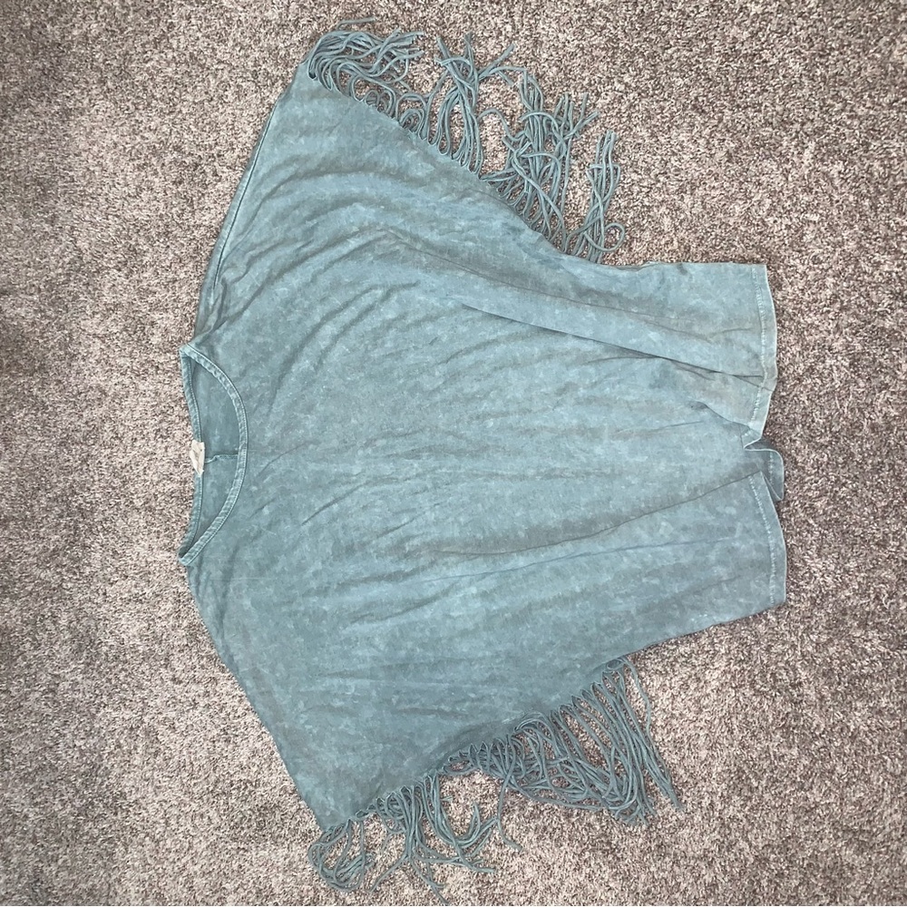 Asymmetrical Blue Top with Flutter Sleeves and Fringed Details